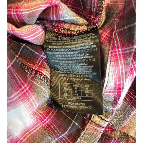 Guess Western Y2K Style Pink Black Plaid Women’s Ruffled Button Up Medium - Picture 4 of 7